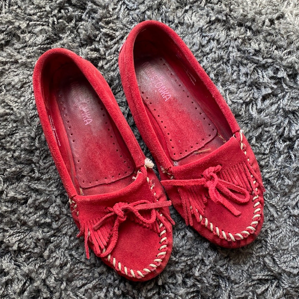 Minnetonka red suede moccasins